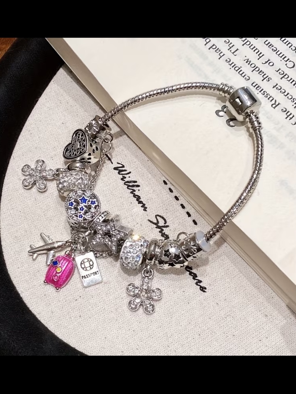 Affordable Fashion Finds Silver Travel Charm Bracelet with Pink Luggage Accent